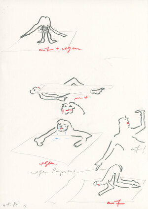 Blatt Papier mit Zeichnungen: auf Papier mit Papier 1), wegen Papier 2), trotz Papier 3)