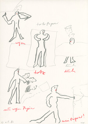 Blatt Papier mit Zeichnungen: auf Papier mit Papier 1), wegen Papier 2), trotz Papier 3)