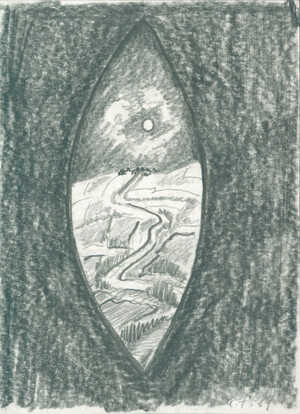 o. T. (Nachtlandschaft durch ovales Loch)