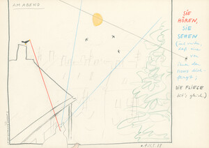 Am Abend. Sie hören, sie sehen (und warten, daß einer von ihnen den Mond durchfliegt, die Fliege tut’s gleich) (25.5.88, Leibnizstrasse 28 direkt 2)