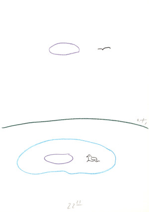 ((horizont: drunter ein see mit entchen in dem sich die wolke drüber und ein fliegender vogel spiegeln)) (22:23 Uhr, 13.6.89)