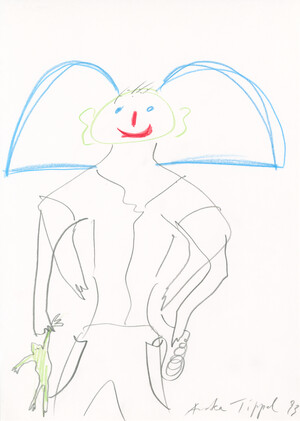 o. T. (Figur mit grünem Kopf, vier Armen und Echse in der Hand)