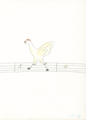 o. T. (Huhn auf Tonleiter)